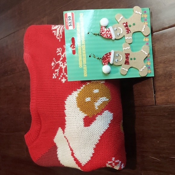 Runaway Gingerbread Man Red Ugly Sweater Christmas Party w/ Festive Earrings - Picture 4 of 8